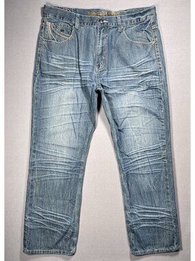 Attitude Gold Vtg Embroidered Blue Relaxed Straight Leg Jean - Men Size 38 x 32